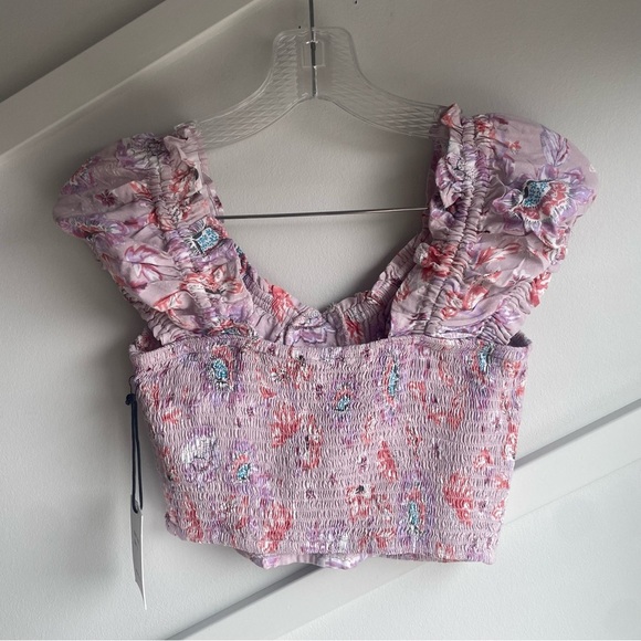 Japna Floral Smocked Puff Sleeve Cropped Top size S - Picture 2 of 4